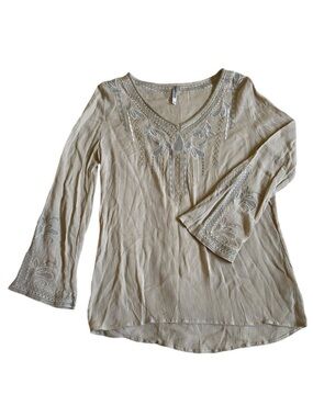 Mollorello Bohemian Embroidered Top Tunic Women's Size S Cream Semi-Sheer Earthy